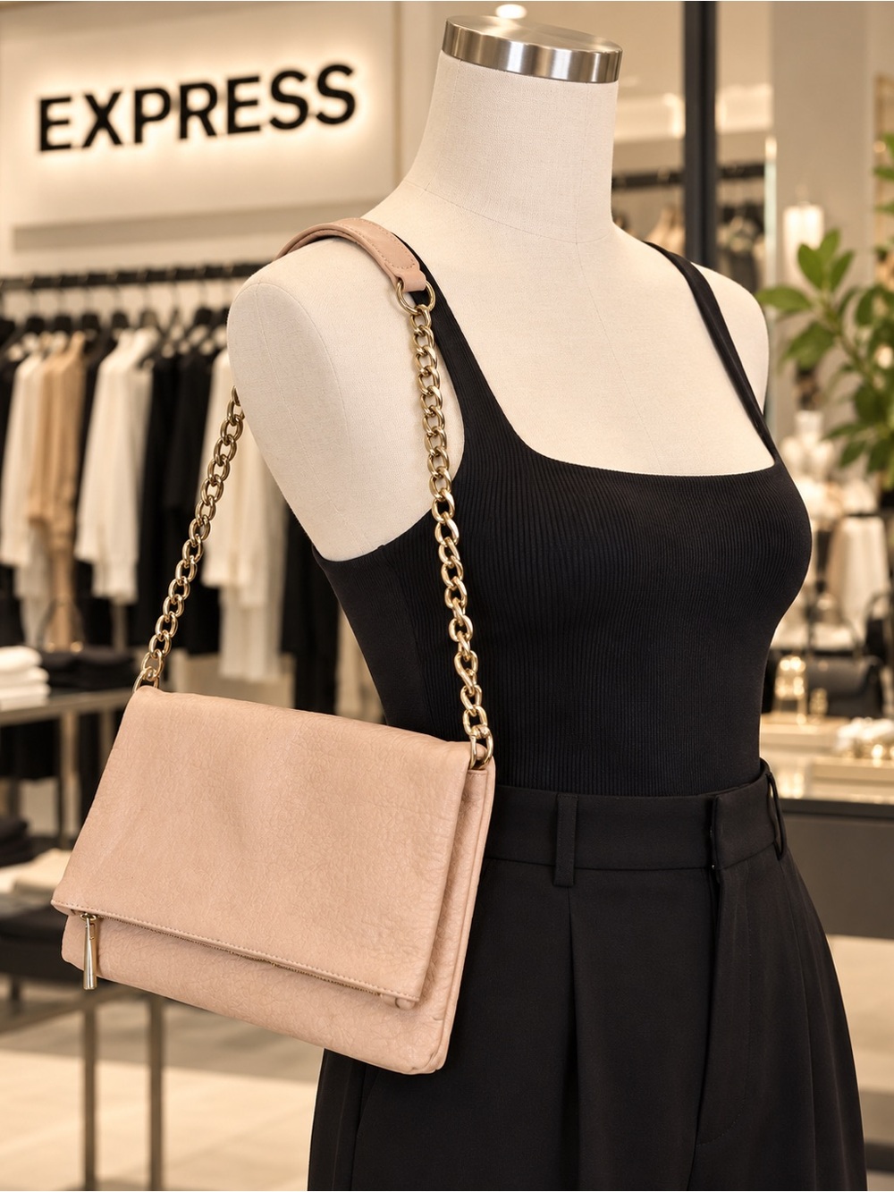 Express Blush Pink Foldover Clutch Shoulder Bag Gold Chain Strap
